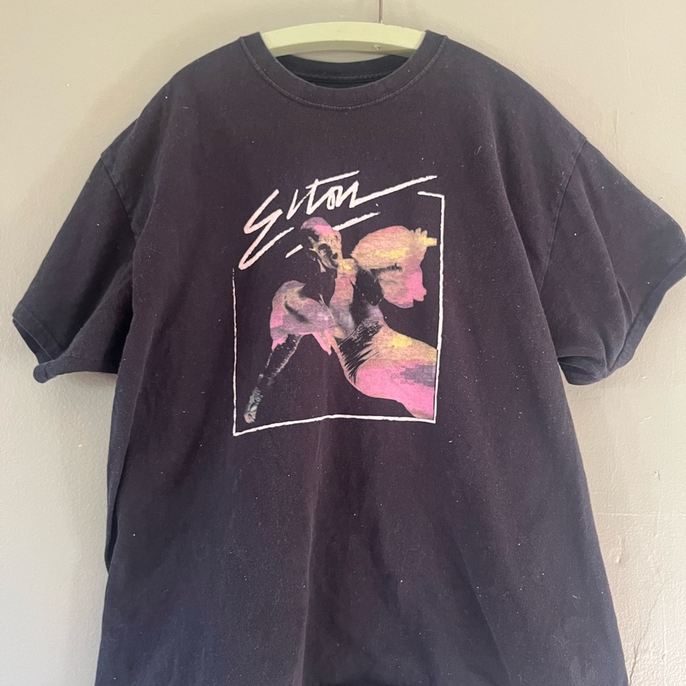 Black Graphic T-Shirt with Pink and White Design